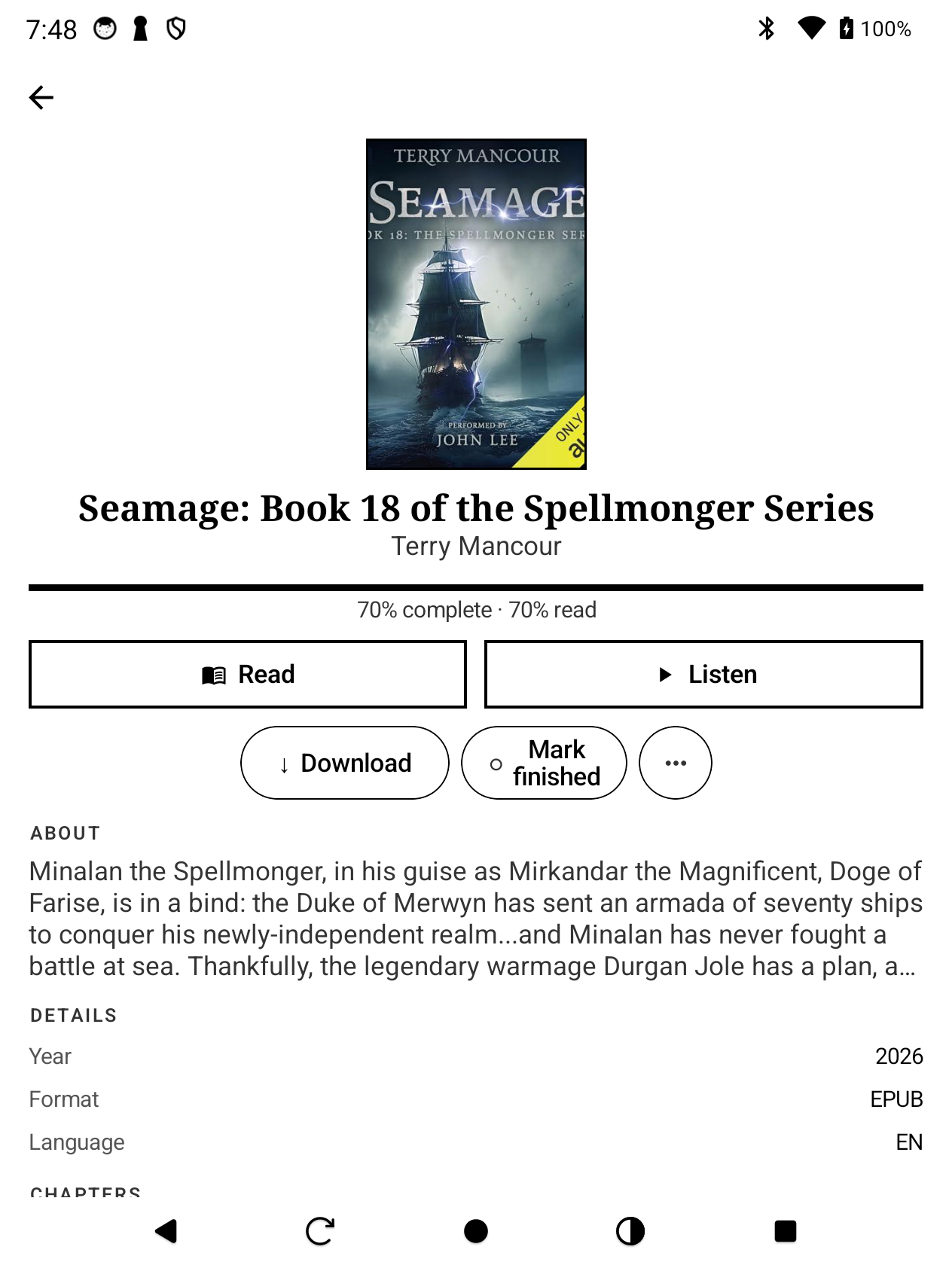 Ebook detail page on a HiBreak e-ink device