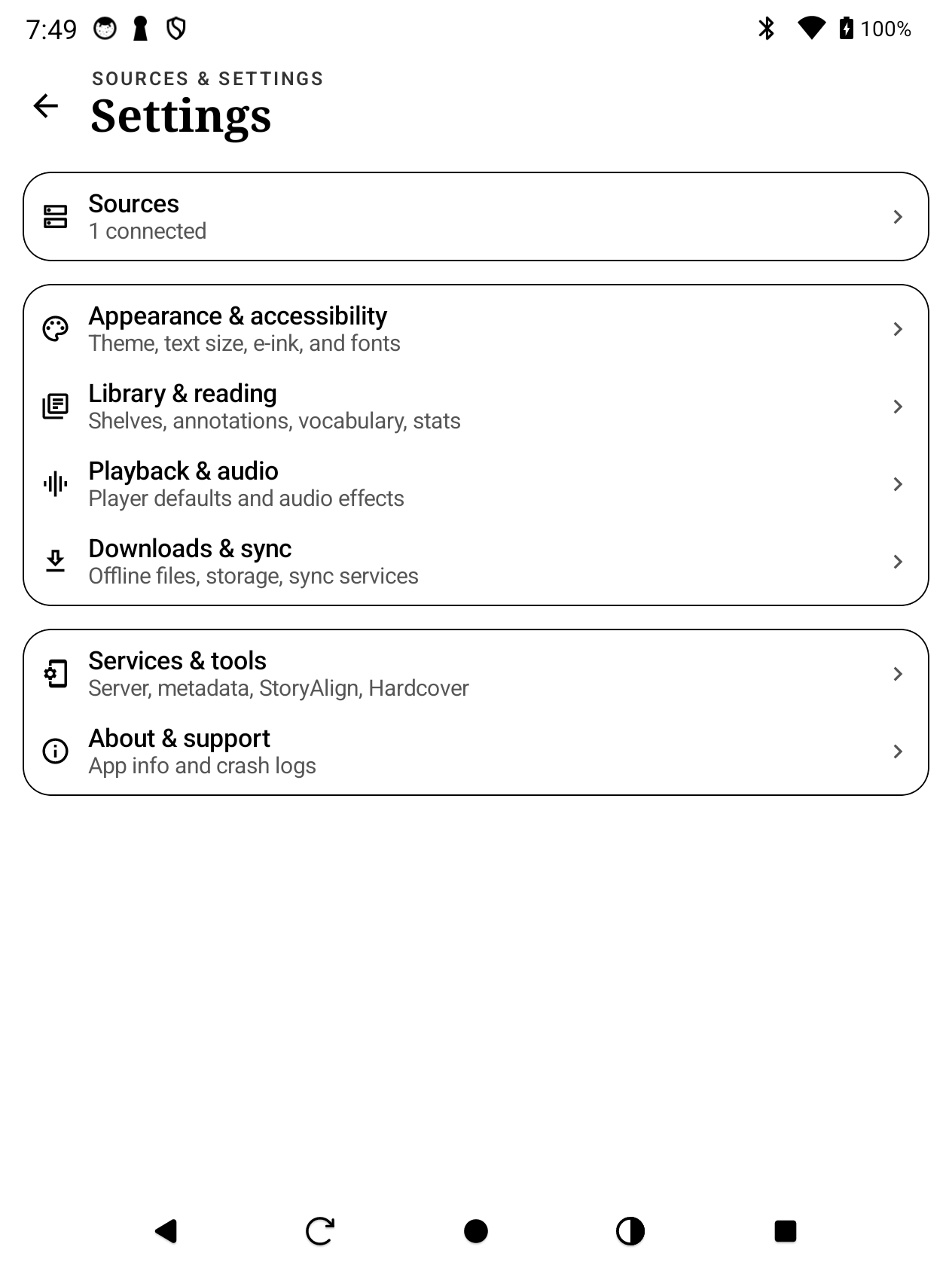 Book Player settings on a HiBreak e-ink device