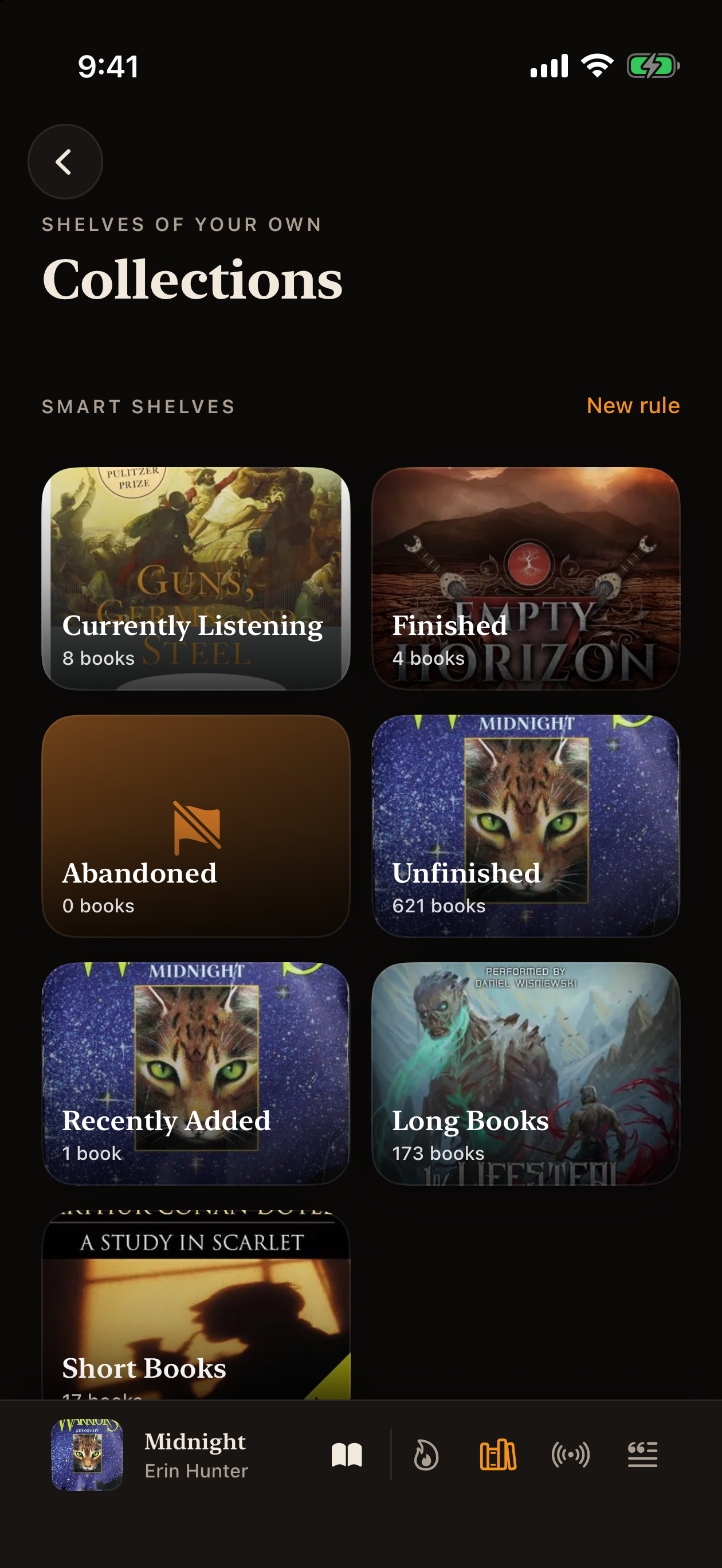 Current iPhone Collections screen with smart shelves and book counts