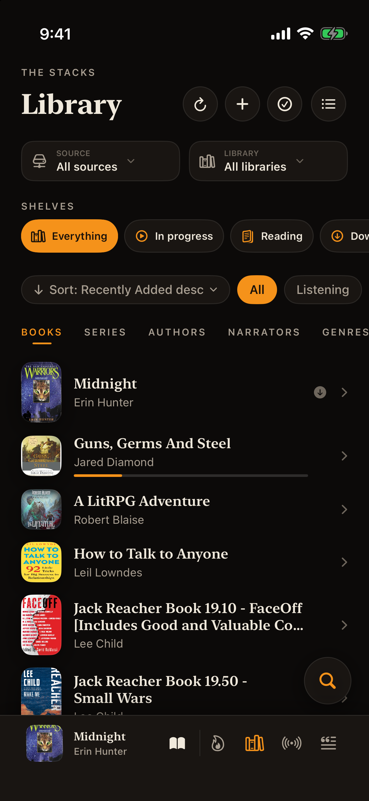 Current iPhone library with source filters, shelves, and book list