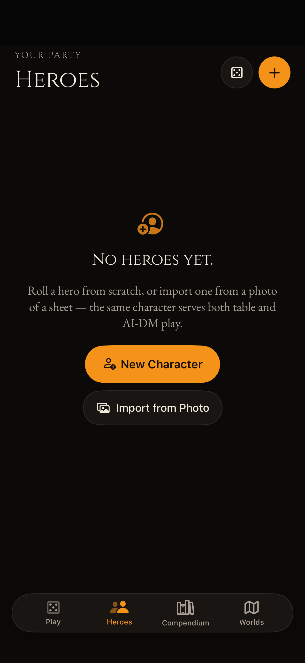 Characters tab with New Character and Import from Photo actions