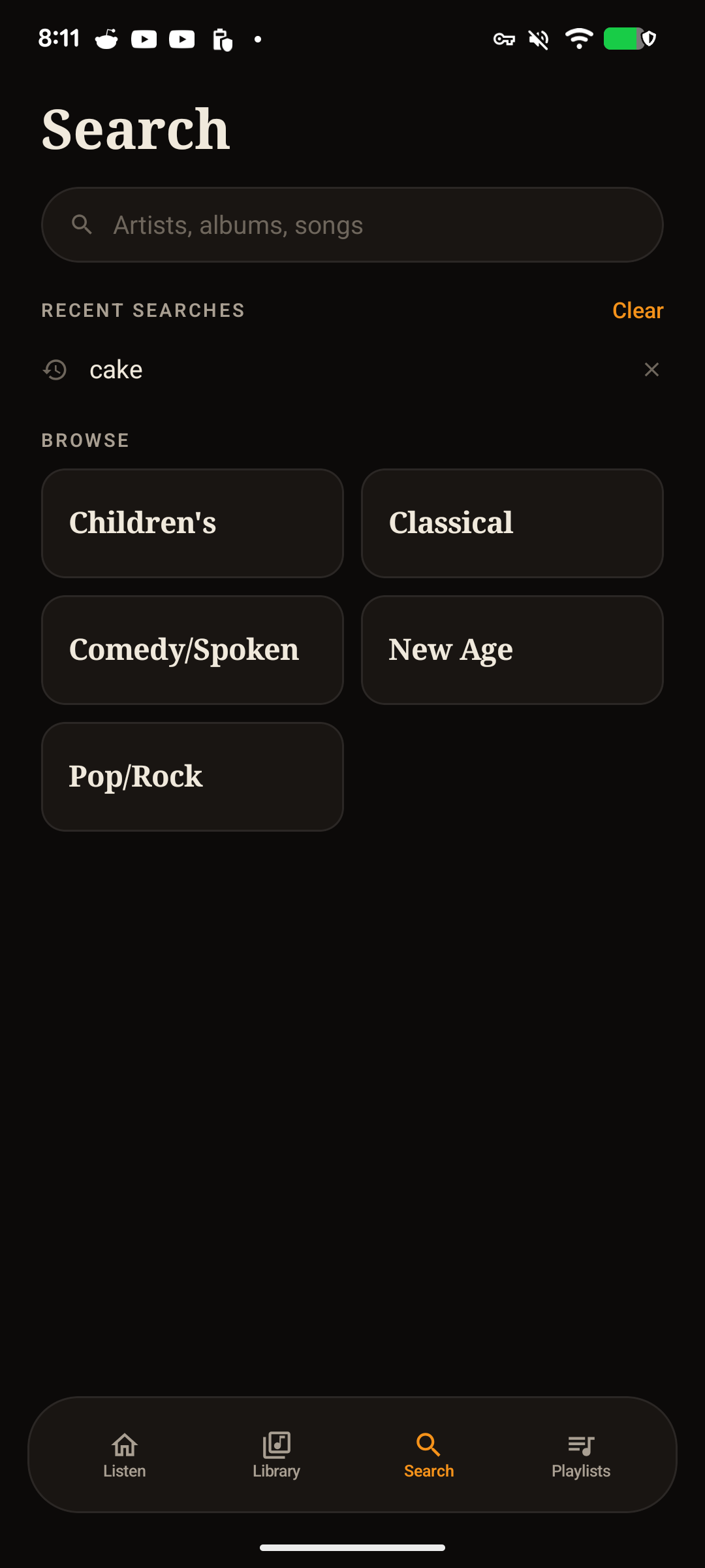 Android music search, recent query, and genres