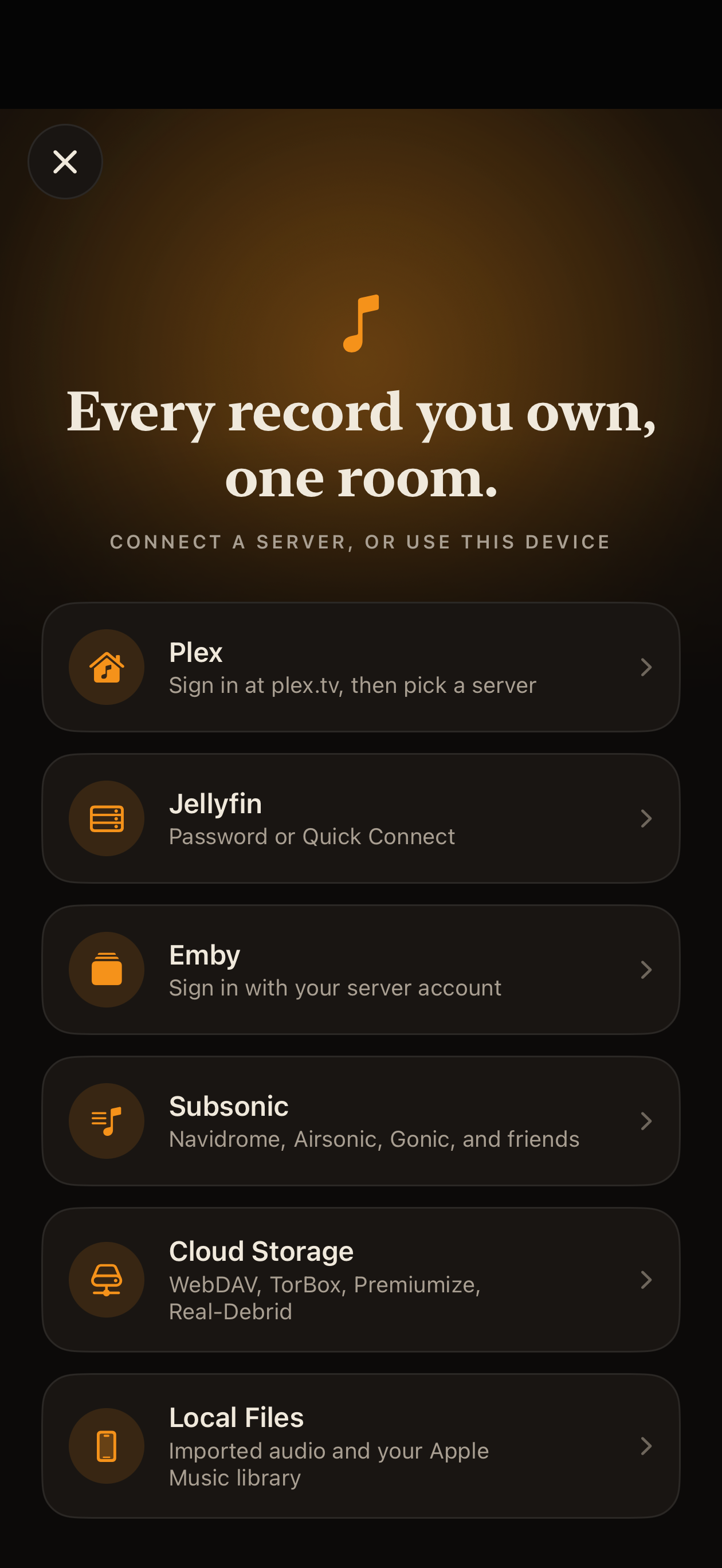 iPhone Add Source screen with supported music providers