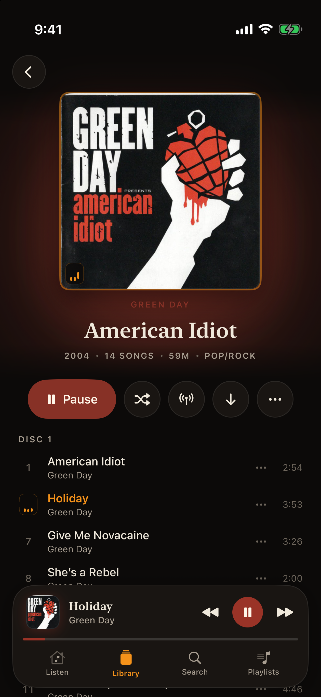 iPhone album detail screen for Green Day's American Idiot with track list and active playback