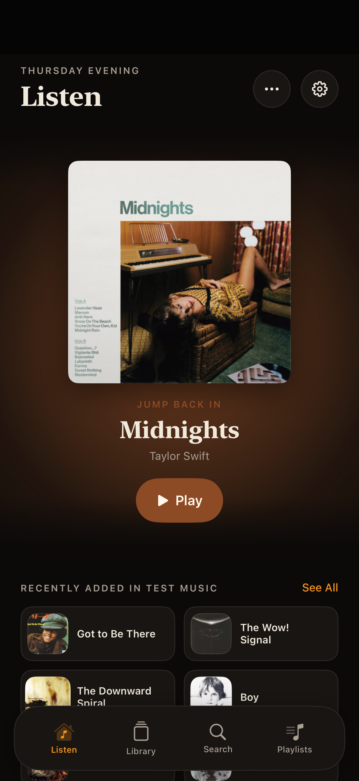 iPhone Listen screen featuring Midnights and recently added music