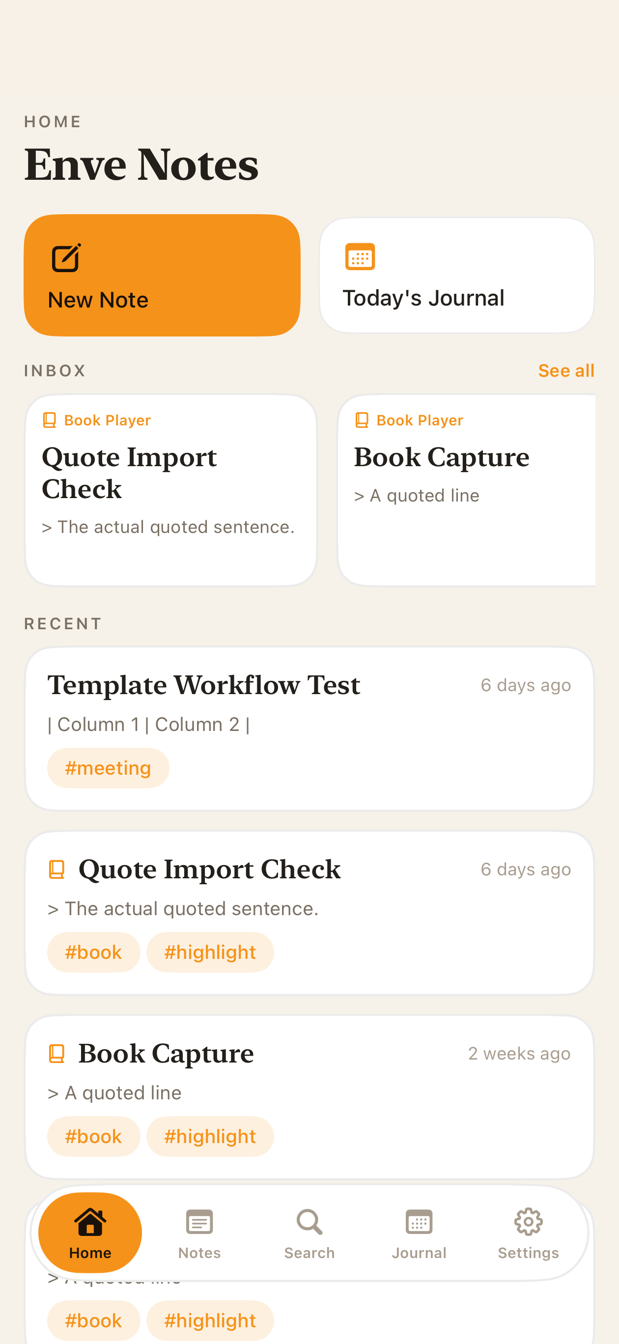Current Enve Notes home with media captures, inbox items, and recent notes