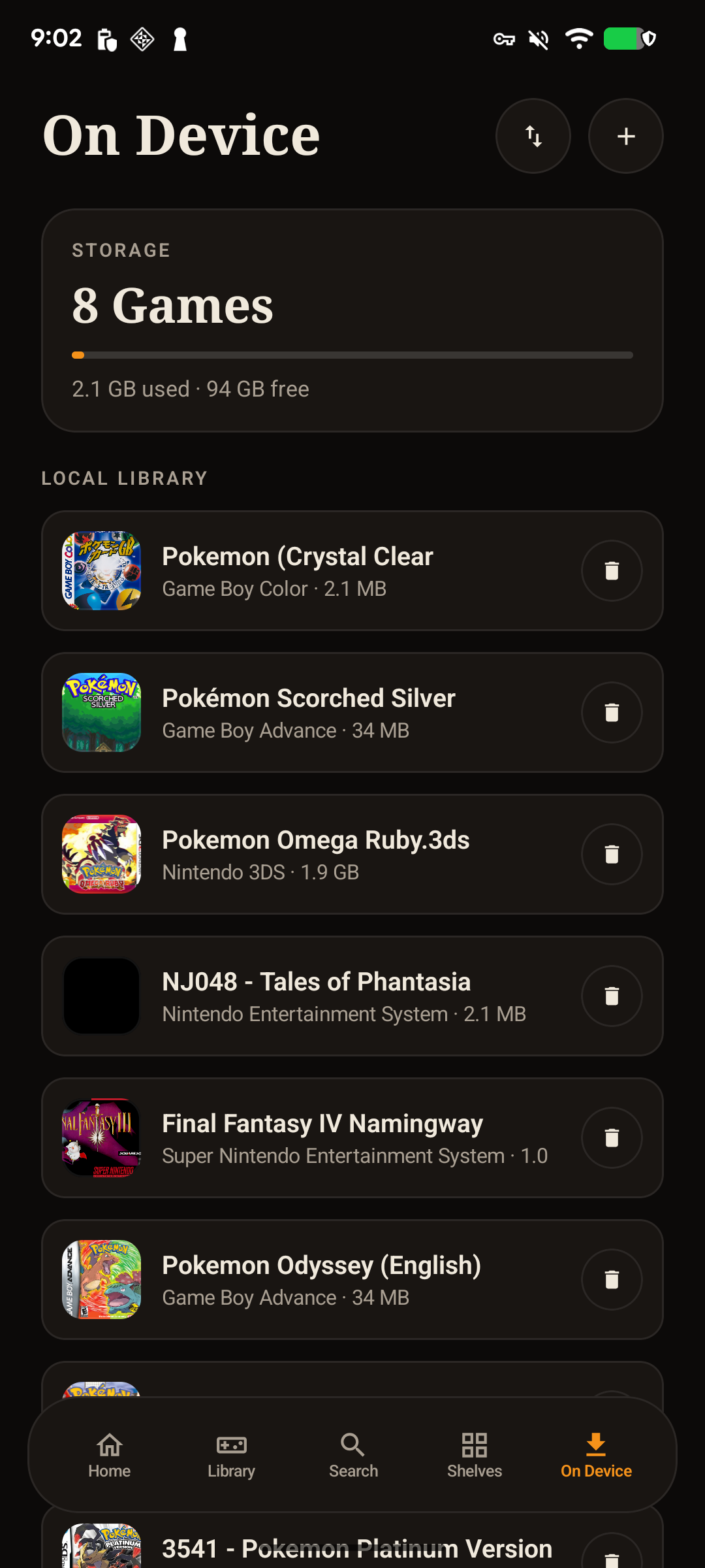 Android RomM On Device screen showing downloaded games and storage usage