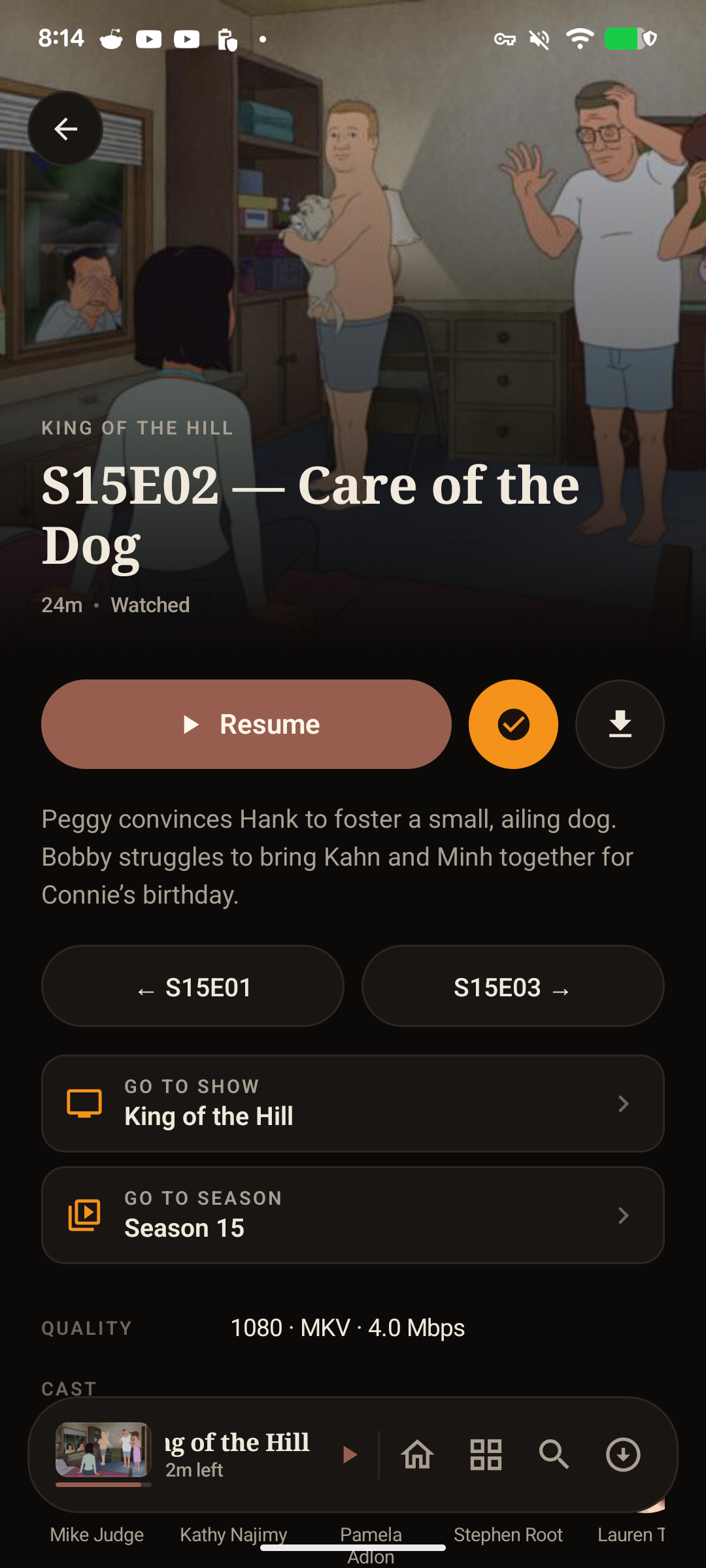Android episode detail with playback, download, and episode navigation