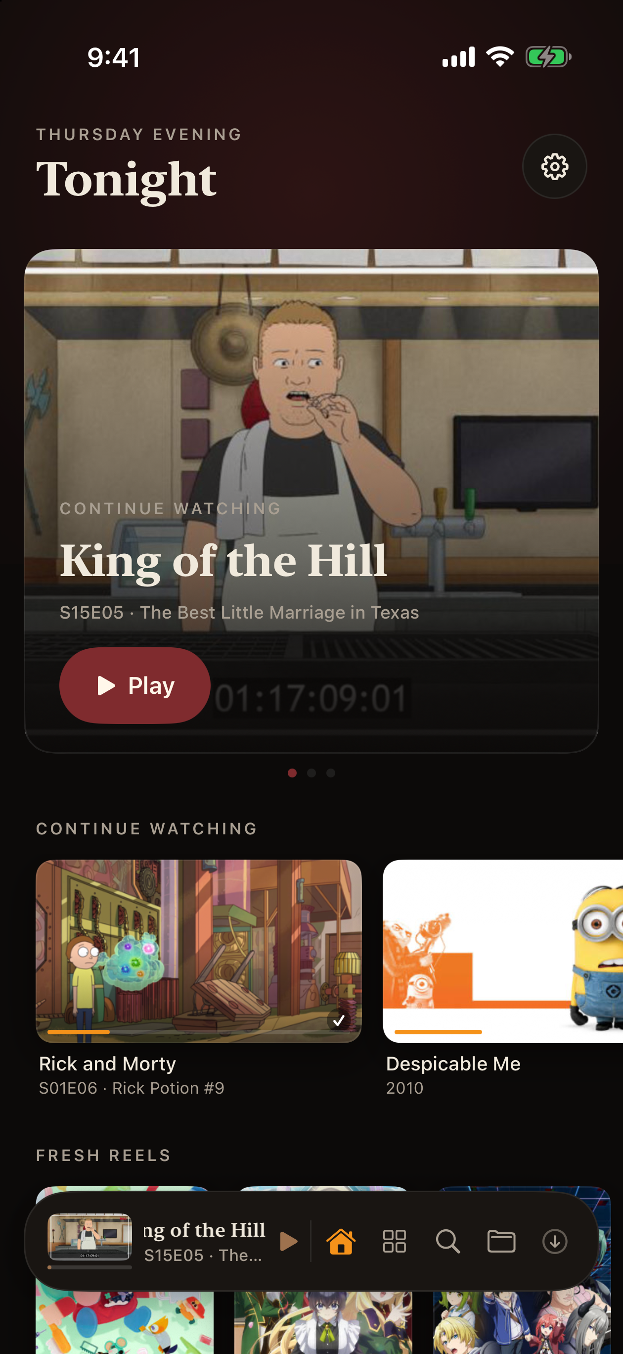 iPhone Tonight screen with Continue Watching and Fresh Reels