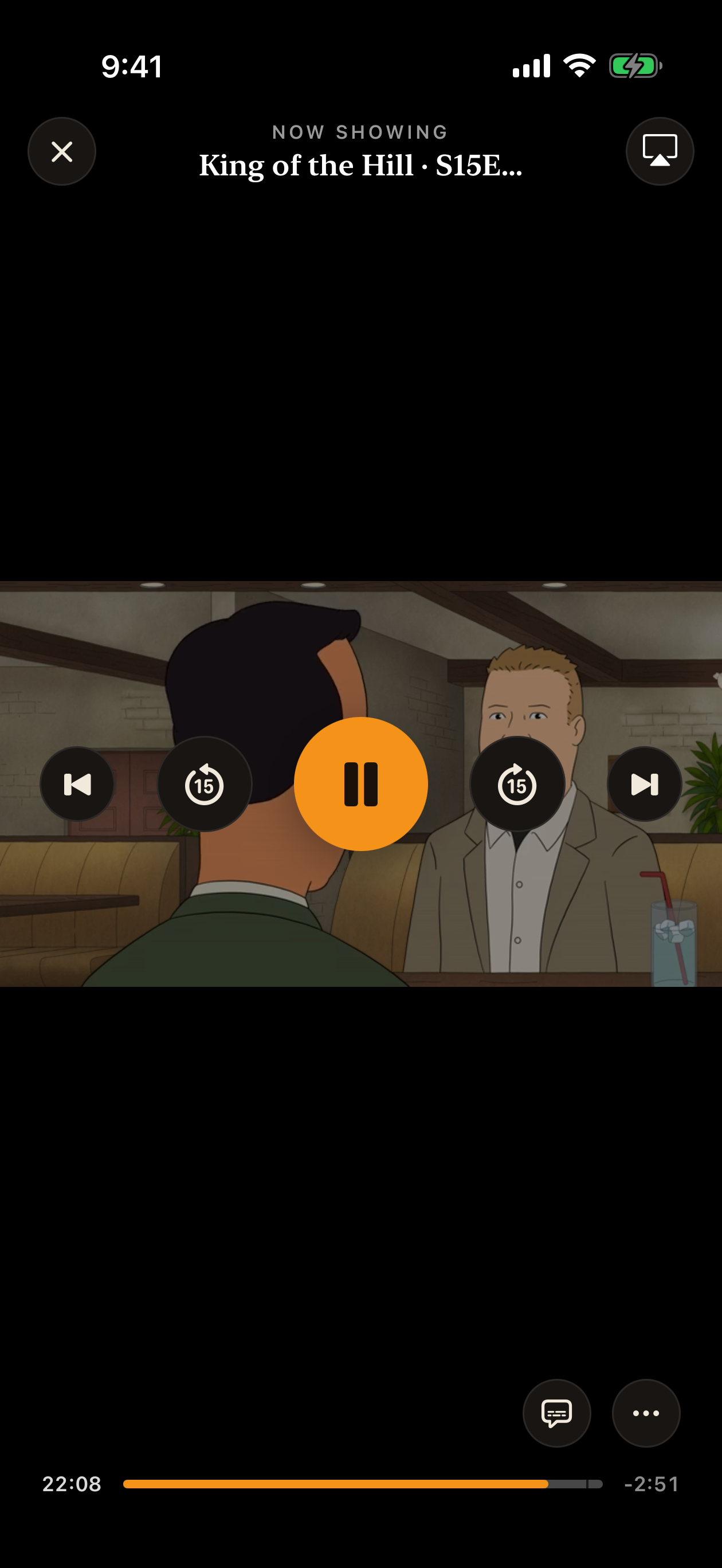 iPhone video player with previous, skip, pause, AirPlay, captions, and scrubber controls